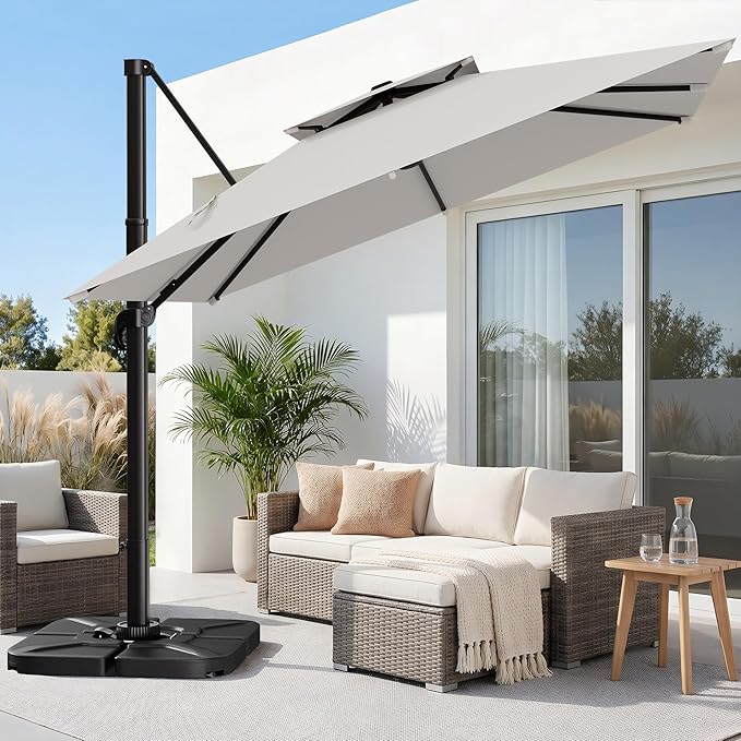 AreShark 10×10FT Double-Top Cantilever Patio Umbrella with Base Included, Offset Umbrella with 360 Degree Rotation, Heavy Duty Patio Umbrella for Garden Deck Pool, 5 Tilt Angles, Light Grey