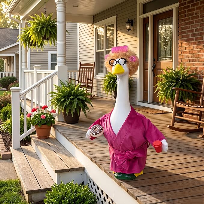Porch Goose Robe Outfit Set for 23 Inch Goose Statue, Pink Flannel Bathrobe with Wig Curlers Coffee Cup Donut Glasses, Funny Home Relaxing Goose Clothes Decor (Pink)