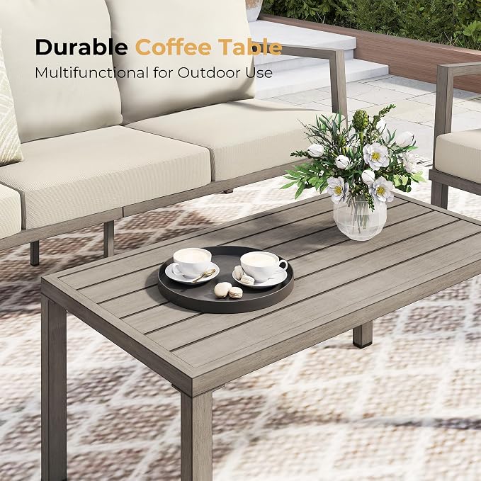 HAPPATIO Aluminum Patio Furniture Set, 4 Pieces Conversation Set with Thick Cushions and Coffee Table, All Weather Loveseat Waterproof and Rustproof for Garden, Backyard, Porch, Grey