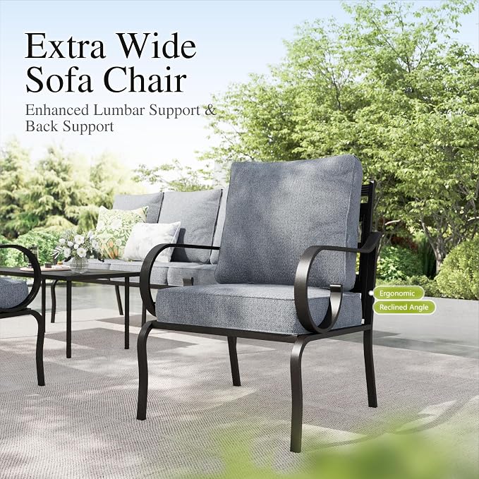 Sophia & William Patio Conversation Set for 5, 3-Seater Sofa, 2 Fixed Chairs and a Coffee Table, Metal Outdoor Furniture with 5.75" Extra Thick Cushions, Grey
