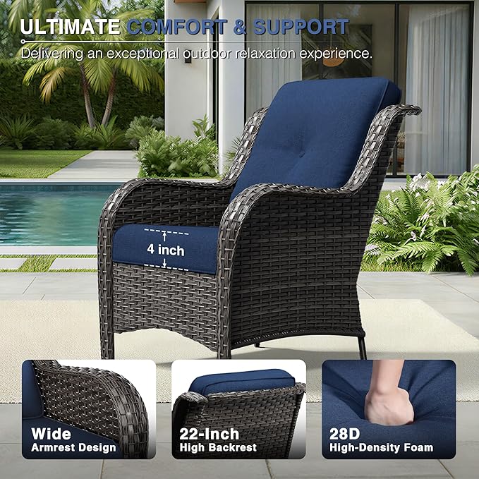 Joyside 6 Piece Wicker Patio Furniture Set, Rattan Patio Chairs with High Back, Deep Seating, Wide Armrest, Thickened Cushions, Outdoor Furniture for Deck, Porch Use
