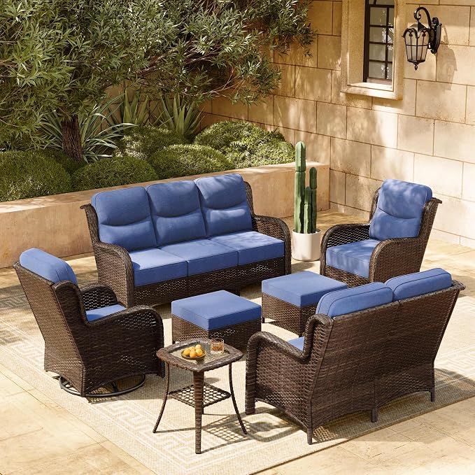 HILLGA 7-Piece Luxury Patio Furniture Set with 6" Thick Cushions, Weather-Resistant Wicker High Back Swivel Rocker Chairs, Senior-Friendly Outdoor Loveseat Set for Large Deck and Poolside, Blue(V2)
