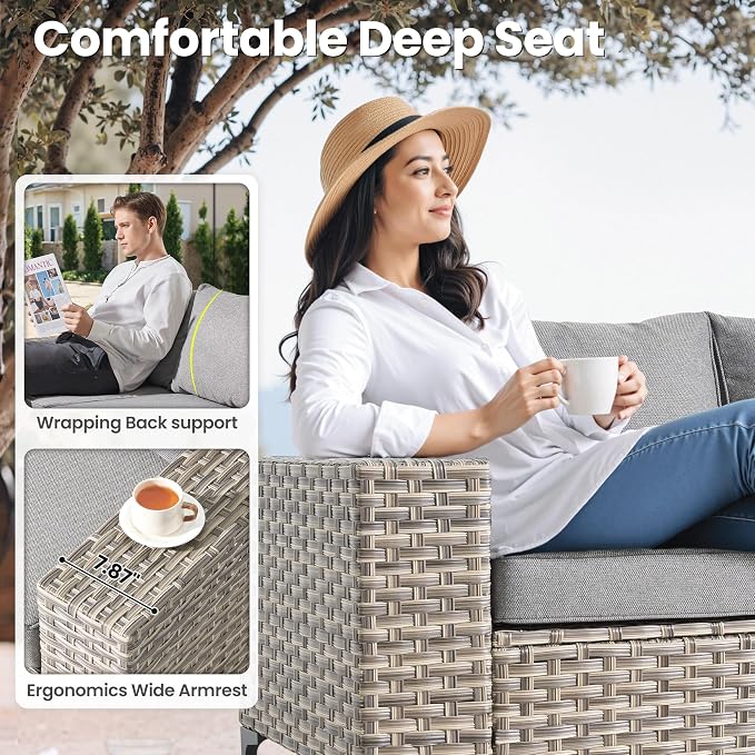 ovios 8-Piece Patio Furniture Set with L-Shape Sofa Chaise, Outdoor Sectional Couch Swivel Gliders Fire Pit Table, Modern Modular Wicker Rattan Conversation Set, Dark Grey