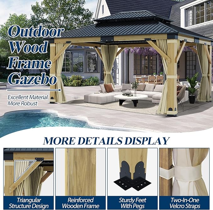 COVERONICS 13FT x 15FT Outdoor Wooden Gazebo - Patio Wood Frame Gazebo with Galvanized Steel Hardtop, Heavy-Duty Hardtop Gazebos with Netting & Curtains for Garden, Poolside, Deck, Backyard