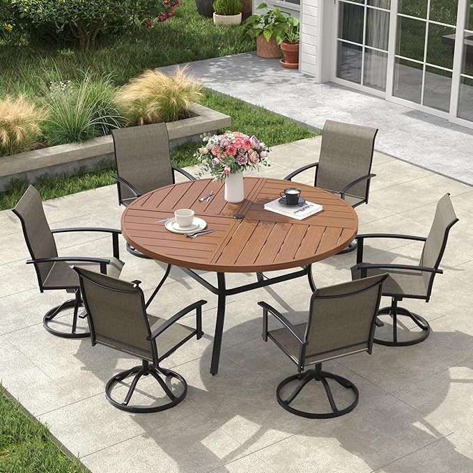 VICLLAX Outdoor Table and Chairs Set for 6, Patio Dining Set of 50 Metal Round Patio Table with Umbrella Hole & 6 Swivel Outdoor Dining Chairs for Backyard Lawn, Mixed Brown & Walnut