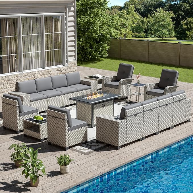 16-Piece Outdoor Patio Furniture Set, Modular Sectional Sofa Set with Swivel Rocker Chairs & Fire Pit, Wicker Outdoor Couch Conversation Sets w/Coffee Table and Cushions, Gray