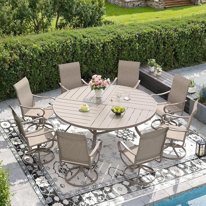 DIFY 9 Piece Outdoor Dining Set for 8, 59.8" Round Metal Dining Table with Umbrella Hole and Swivel Patio Chairs with Textilene Fabric, Patio Table and Chairs Set for Garden Backyard Deck, Sandshell