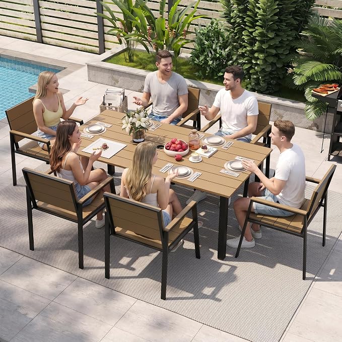 Outdoor Table and Chairs for 6 Aluminum Patio Dining Set with Umbrella Hole | All Weather,HDPS Material,Oversized,7 Piece,for Backyard,Rot-Fade-Crack Proof,Maintenance-Free,Sturdy,Heavy-Duty,Yellow