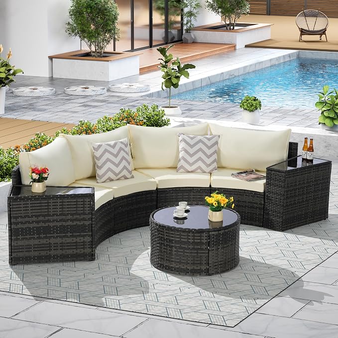 Eafurn 7 Pieces Outdoor Patio Conversation Furniture Sets All Weather Wicker PE Rattan Half-Moon Curved Sectional Sofa with Round Coffee Table, 4 Pillows & Waterproof Cover for Backyard