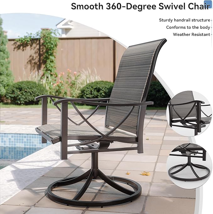 Kurapika 5 Piece Outdoor Conversation Sets, Patio Furniture Set, 4 Textilene Fabric Swivel Chairs and w/48in Propane Round Fire Pit Table for Deck Garden Backyard Porch,Brown