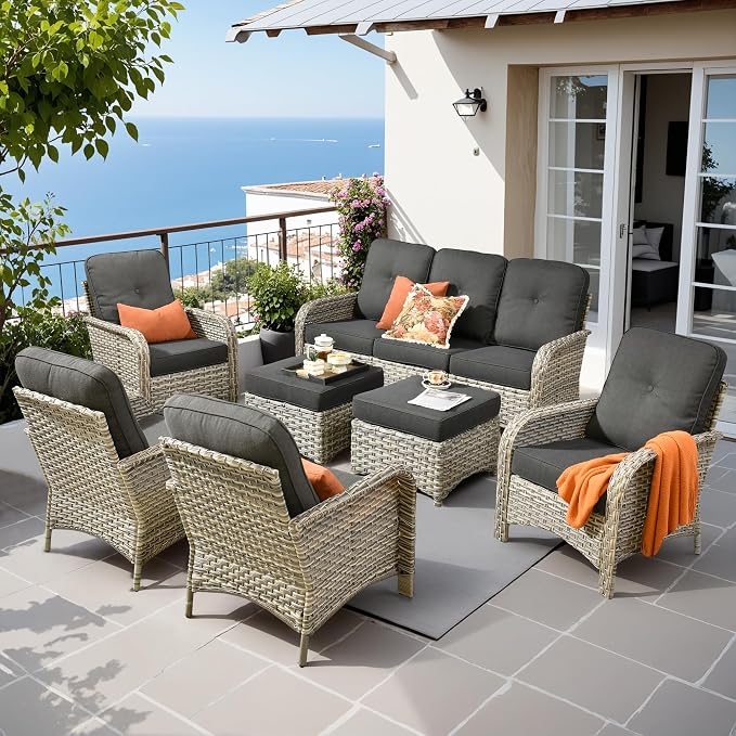 7-Piece Outdoor Patio Furniture Set with Ottomans 3 Seater Couch,All Weather Wicker Rattan Patio Seating Sofa and Chair Set with Ottomans,Outdoor Conversation Sets for Porch Deck Yard,Black