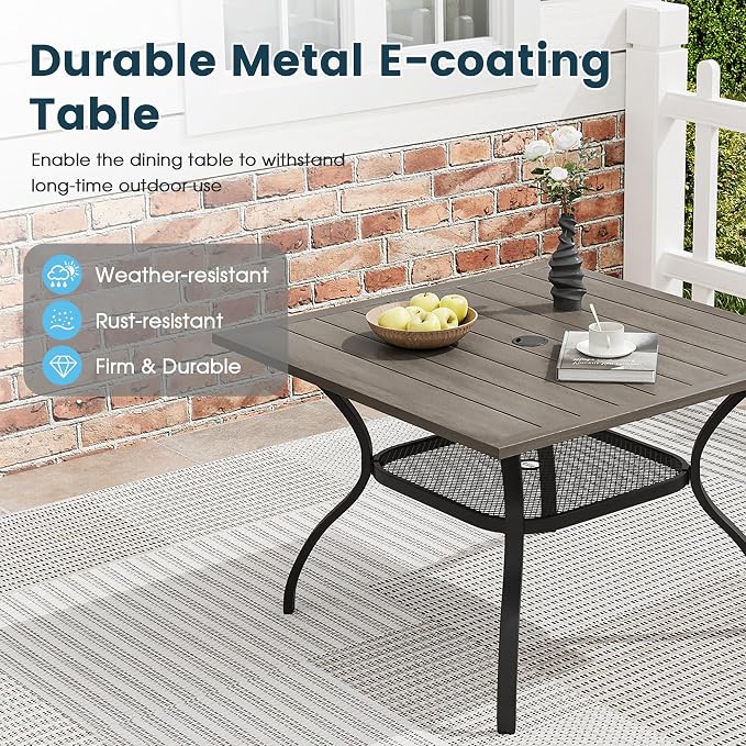 5 Pieces Patio Furniture Dining Set, 4 Textilene Swivel Dining Chairs, 38" Outdoor Square Metal Table with Storage Shelf and 1.57" Umbrella Hole, Outdoor Dining Set for Porch, Lawn, Grey/Sand