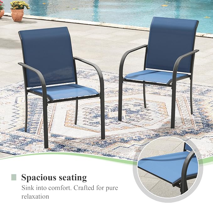 Patio Table and Chairs Set for 6, Outdoor Dining Set with 6 Stackable Dining Chairs and 63.1" x 28" Rectangle Patio Metal Table for Backyard, Deck, Lawn, Garden, Dark Blue & Black