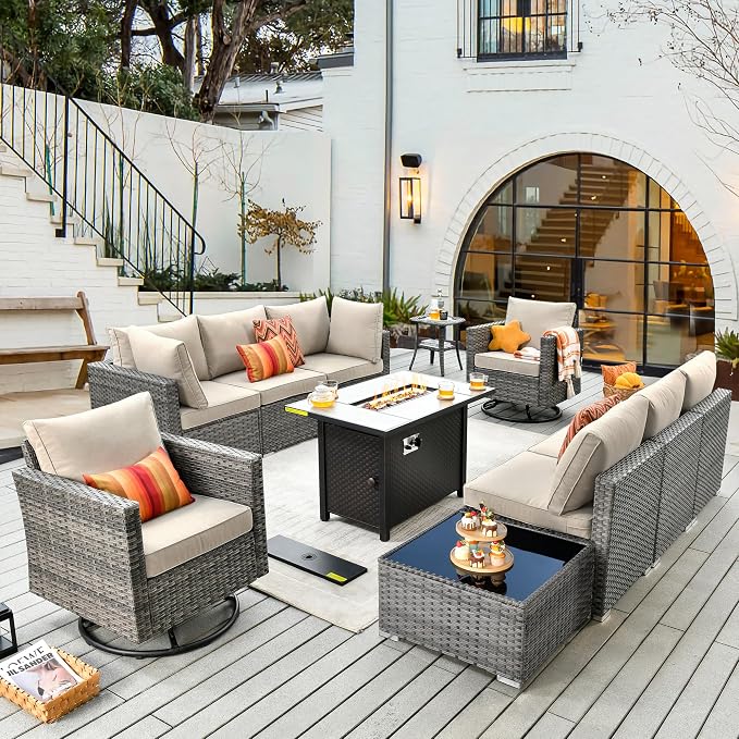 CAODOC 11 Piece Outdoor Patio Furniture Set with 42" Fire Pit Table, Wicker Sectional Conversation Set Whit Swivel Chairs,Modern Outside Sofa for Balcony Backyard(Beige)