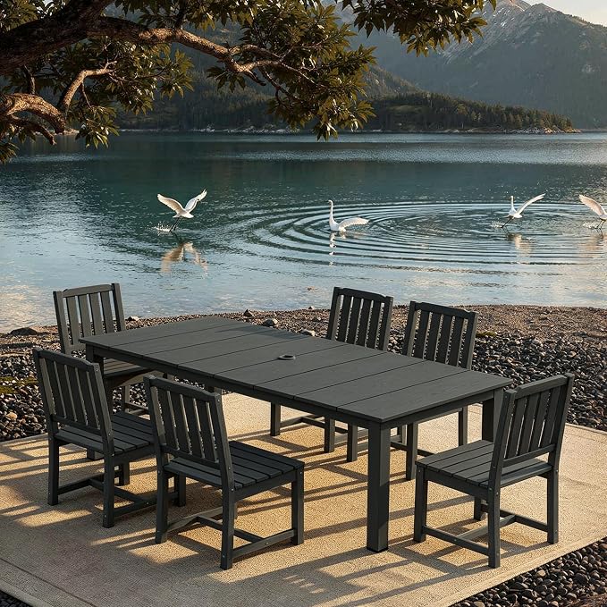 AreShark 5-Piece Outdoor Dining Set,HDPE Patio Table with 4 Armless Chairs,All-Weather Patio Furniture Set with Umbrella Hole,Low Maintenance Wood Grain Dining Set for Backyard,Garden,Poolside,White