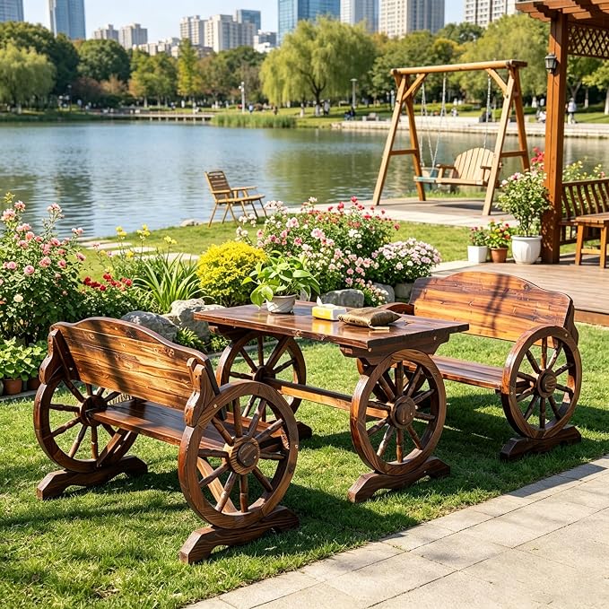 3 Pieces Patio Dining Set, Outdoor Wooden Rectangular Table and Benches,Rustic Wheel Bench Outside Furniture Set for Patio Porch,Deck, Lawn, Garden and Backyard(55in)