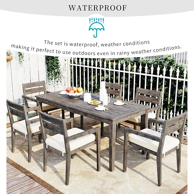 7 Piece Patio Dining Set, 70.9" Rectangular Acacia Wood Outdoor Dining Table & 6 Dining Arm Chairs with Cushion, Suitable for Outdoors and Indoors (Grey@015)