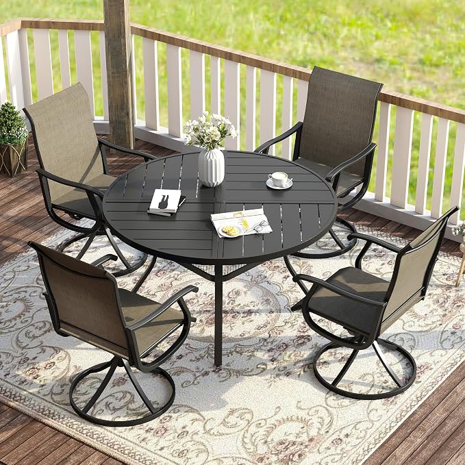 VICLLAX Patio Dining Set for 4, 5 Pieces All Weather Outdoor Dining Set - 40.6" Round Outdoor Table and 4 Patio Swivel Chairs for Lawn Garden, Black Tabletop and Mixed Brown Fabric