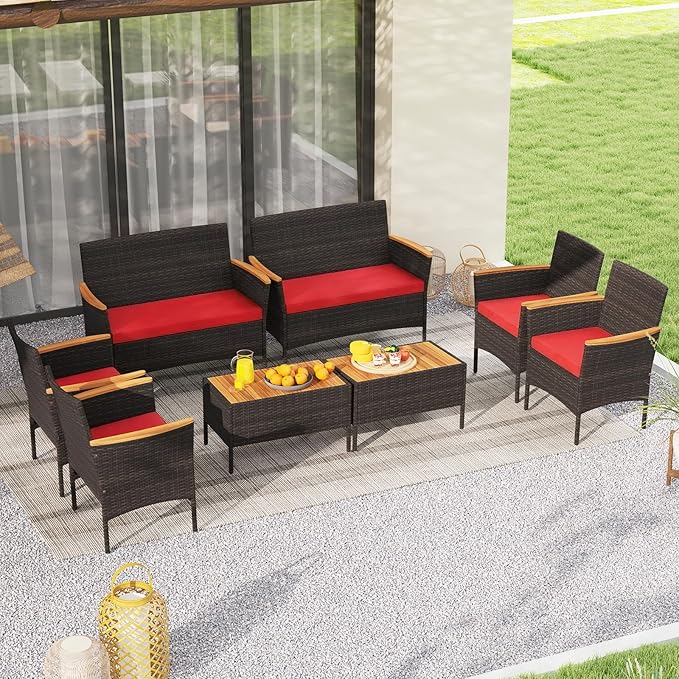 Tangkula 4 Pieces Patio Wicker Sofa Set, 2 Rattan Chairs & Loveseat w/Coffee Table, Acacia Wood Armrests & Tabletop, Outdoor Cushioned Conversation Set for Backyard, Poolside (Red, 4 Pieces)