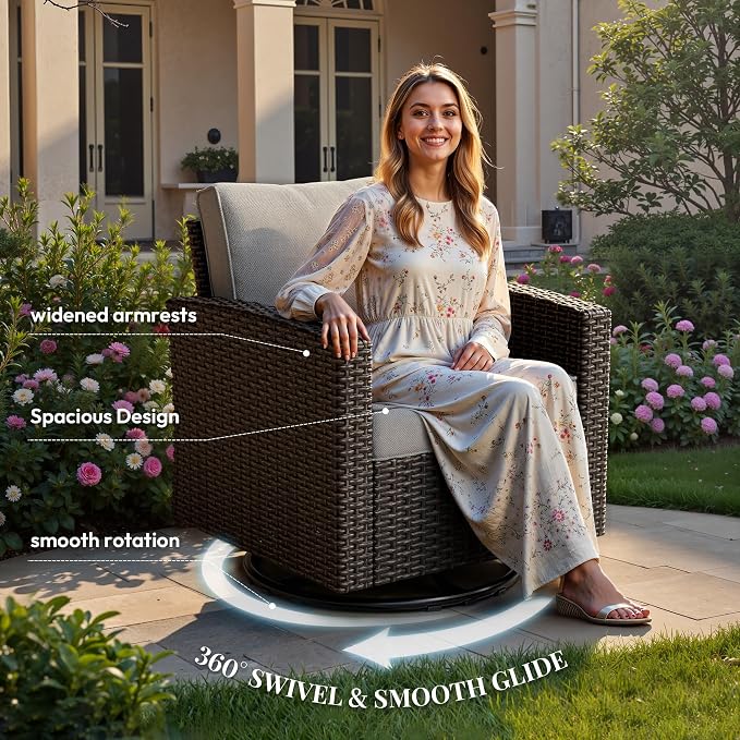 WWR Furniture Set-30% Thicker Wicker-Luxury 4 Piece PatioWicker Outdoor Patio Conversation Set with Extra Wide & Thick Cushions, Swivel Rocking Chairs for Backyard, Porch & Deck