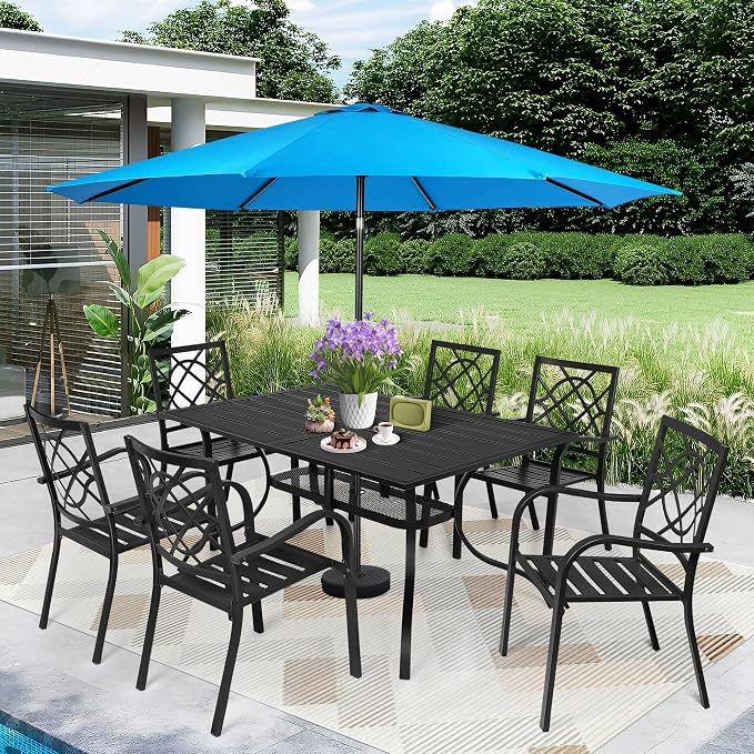 SUNCROWN 8-Piece Outdoor Wrought Iron Chairs and Table Patio Dining Furniture Set - 6 Stackable Metal Chairs, 1 Steel Slat Bistro Table and 1 Sky Blue 9Ft Patio Umbrella for Garden Backyard Deck