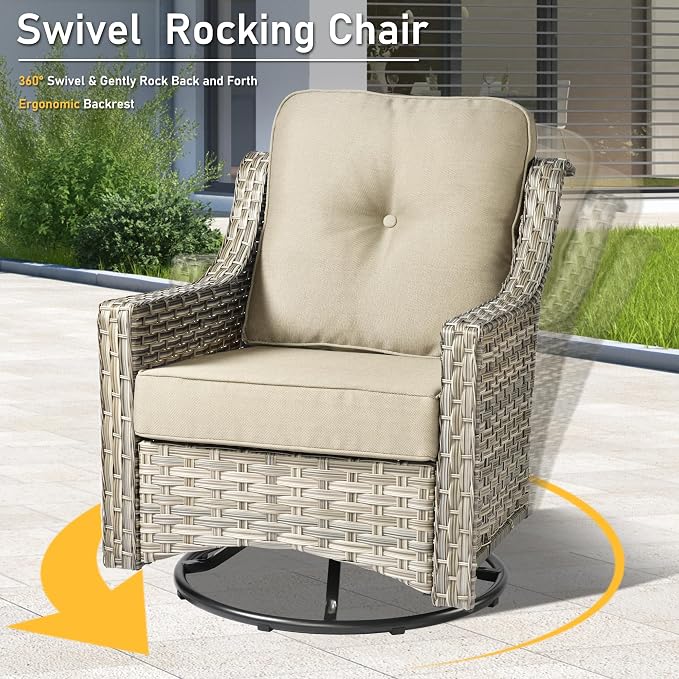 HOOOWOOO 3 Piece Patio Furniture Bistro Sets,Outdoor Wicker Swivel Rocking Chairs with Table Set,All Weather Resistant High Back Rattan Conversation Set(Beige Tan)