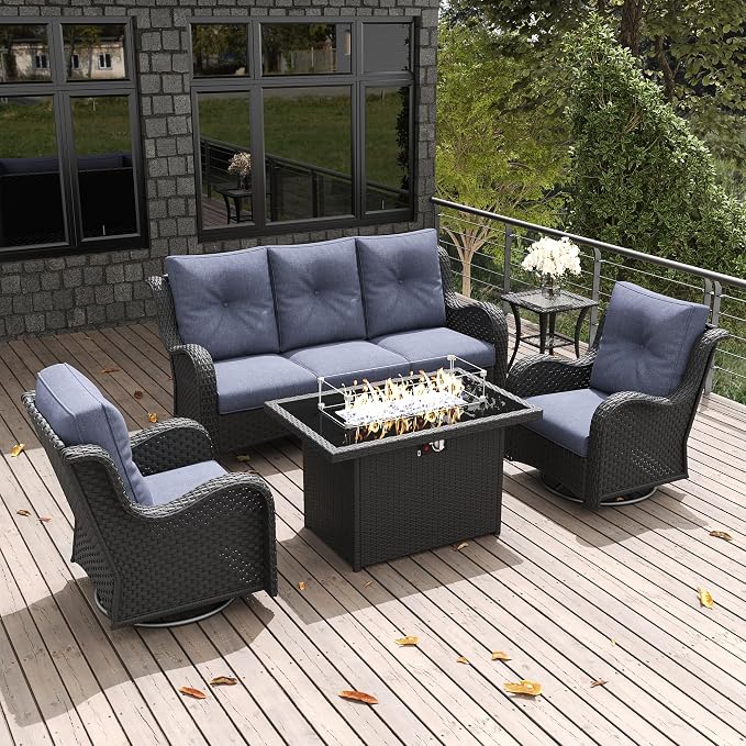 LayinSun 5 Pieces Outdoor Patio Furniture Set with Fire Pit Table, Rattan Wicker Sectional Swivel Rocker Chairs Sets with Swivel Glider Chair and Coffee Table