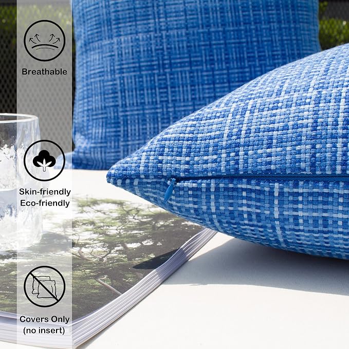 Kevin Textile Outdoor Waterproof 18x18 Inch Pillow Covers 2 Pack, Blue | Water Resistant, Faux Linen Yarn-dyed, Woven Texture Throw Pillow Covers for Tent Patio Garden Couch Sofa