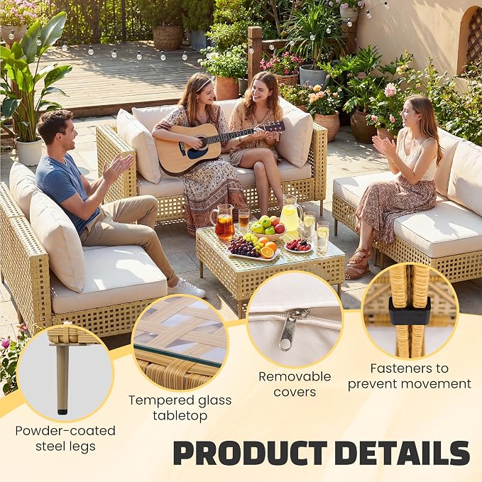 LHBcraft 7-Piece Wicker Outdoor Patio Furniture Set, Modular Rattan Outdoor Furniture, Patio Conversation Sets, Handmade Rattan, Water Resistant Fluffy Cushions and Coffee Table, Beige