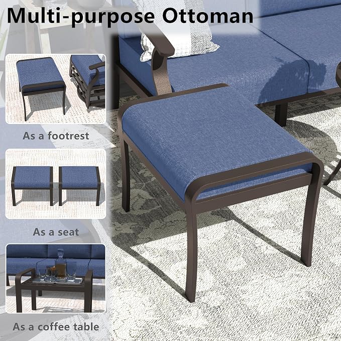 ALAULM Aluminum Patio Furniture Set with Coffee Table Rectangular, 5-seat Outdoor Sectional Furniture w/2 Swivel Chairs, Patio Conversation Set for Porch, Backyard, Poolside-Grey