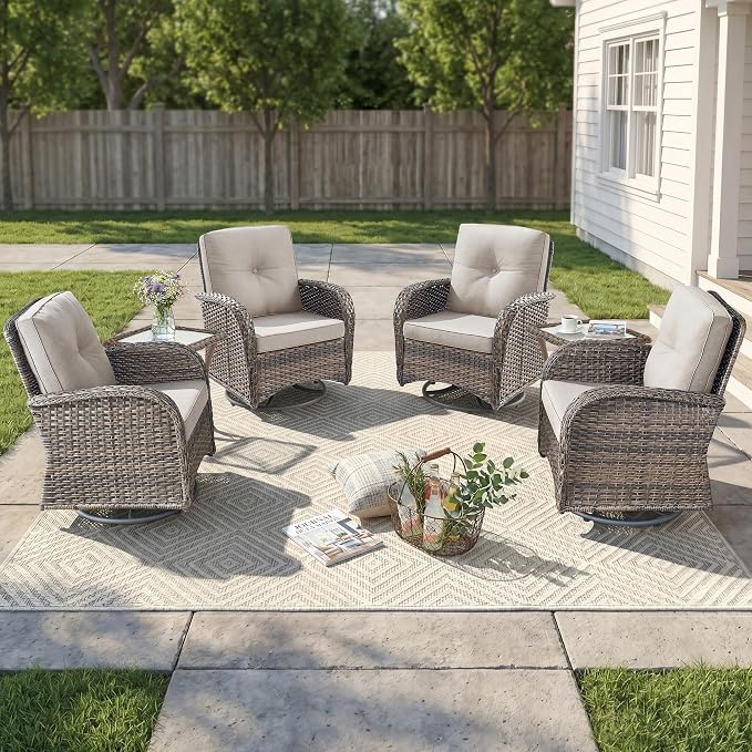 Outdoor Swivel Glider Rocker Chairs Set of 4 - Wicker Patio Furniture Set All Weather Patio Conversatio Sets with 2 Tempered Glass Side Table for Deck Backyard - Brown Wicker Beige Cushion