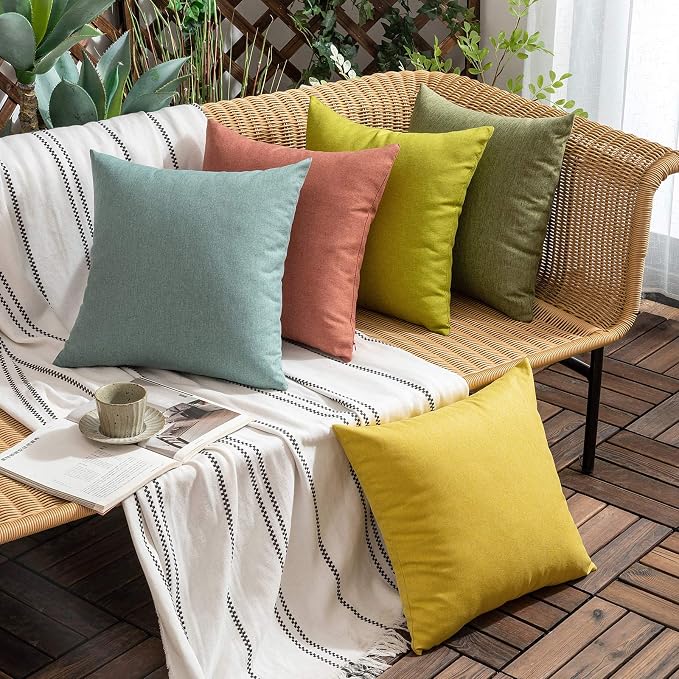 Outdoor Waterproof Throw Pillow Covers Teal 16x16 Set of 2 | Decorative Farmhouse Linen Pillowcases Solid Cushion Cases for Patio Tent Balcony Couch Sofa Living Room