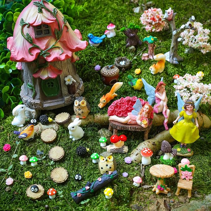 93 Pcs Fairy Garden House Resin Accessories Fairy Elves Kit Miniature Fairy Figurines Ornaments Animals Decor Outdoor for DIY Dollhouse | Mini Resin Fairies Animals Ornaments Set Village Decor Outdoor for DIY Dollhouse Supplies
