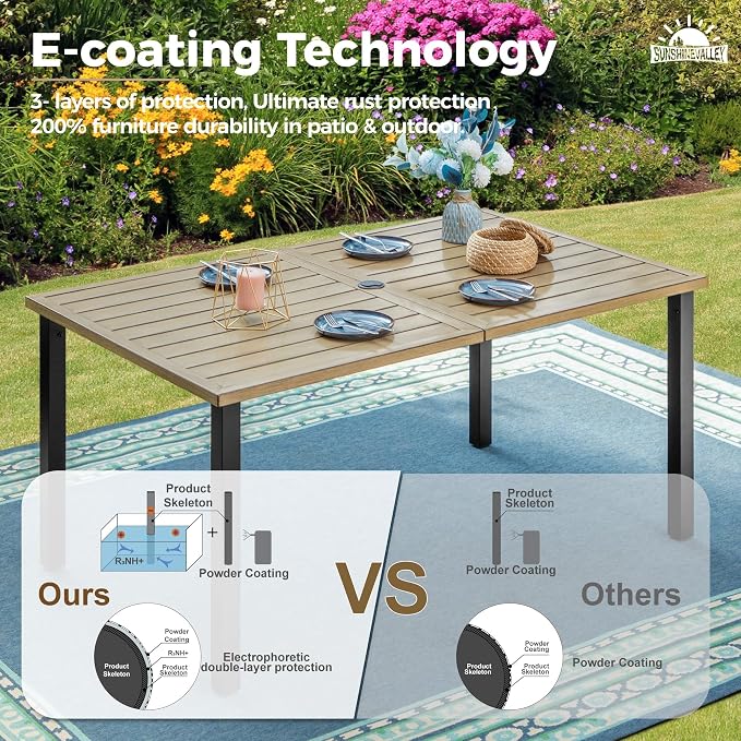 SUNSHINE VALLEY Patio Dining Set,Wood-Like Metal Table w/Umbrella Hole | 60x36 Metal Table&6 Pcs Rust-Proof Stackable Chairs, Outdoor Table and Chairs Set for Backyard Garden Deck
