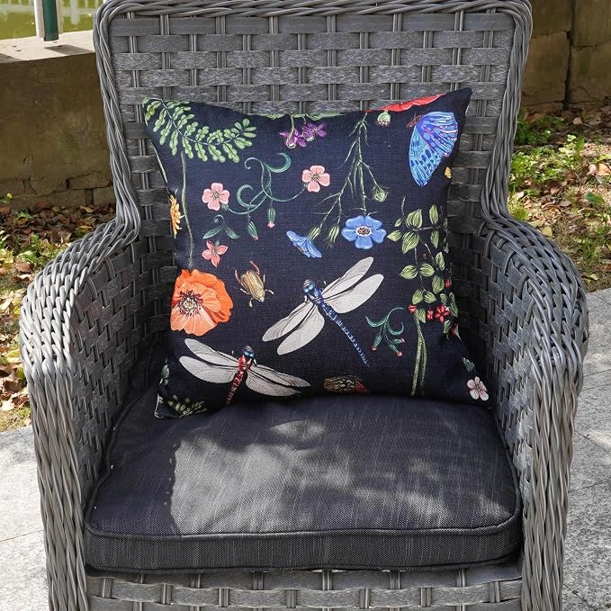ONWAY Outdoor Waterproof Spring Summer Pillow Covers 16x16 Inch Set of 4 Floral Farmhouse Throw Pillows Decorative Cushion Cases for Outdoor Couch Sofa Patio Furniture Home Decoration Black