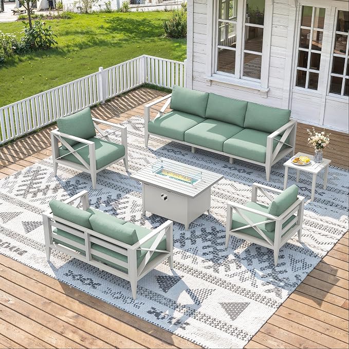 8-Piece Oversized Aluminum Patio Furniture Set with Fire Pit Table, Coffee Table & Weather-Resistant Outdoor Sofa — Luxe Outdoor Conversation Set for Deck, Garden, Poolside-White