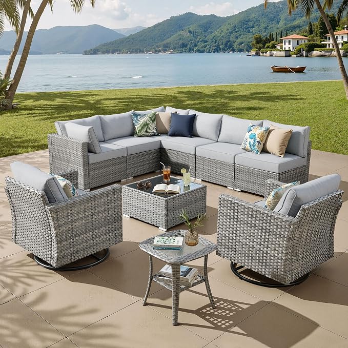 ovios Outdoor 10 Piece Coversation Set with Swivel Rocking Chair,Sectional Patio Furniture Set with All-Weather Wicker Sofa,Modern Outside Couch for Balcony Backyard Pool, Grey