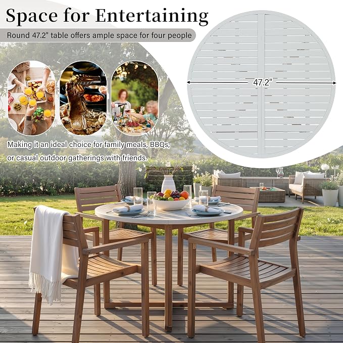 5 Pieces Outdoor Acacia Wood Dining Table Set with 47.2" L Slatted Round Table and 4 Chairs, Modern Patio Dinner Set with Cushions for Backyard, Lawn, Garden, Poolside or Indoor, Light Gray