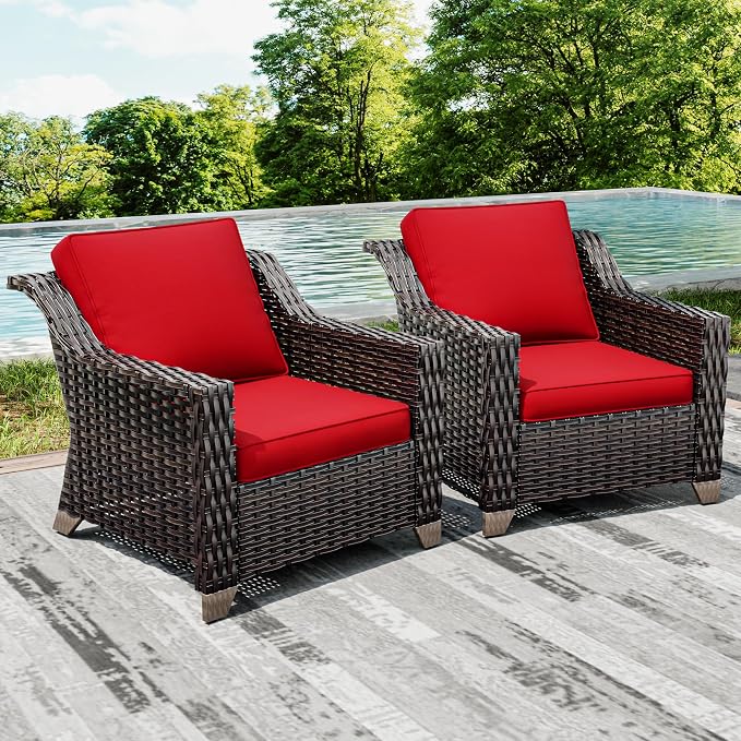 Joyside Wicker Patio Chairs Set of 2, Outdoor Rattan Furniture with Wide Armrest and Thick Cushions, Upgraded Large Size for Backyard, Garden, Poolside