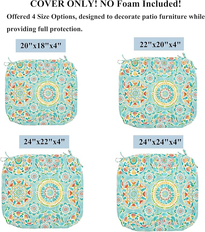 FUNHOME 2 Pack Outdoor Cushion Slipcovers 24" x 24" x 4", No Insert! Water-Resistant Patio Chair Seat Cushion Covers with Zipper and Tie, Replacement Cover Only(Cyan Circle)