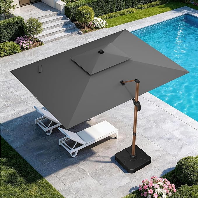 GENTEACO 10x13FT Wood Pattern Cantilever Patio Umbrella, Double Top Rectangle Offset Umbrella 7 Angle Tilts & 360° Rotation, Large Heavy Duty Outdoor Sun Umbrella for Pool Market, Grey