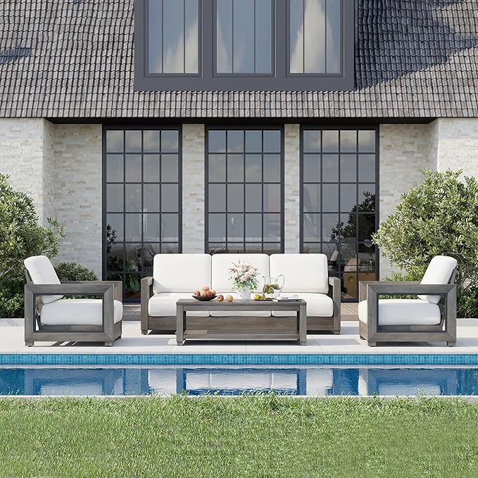 HAPPATIO Oversized Aluminum Patio Furniture Set, Outdoor Conversation Set 4 Pieces with 3-Seat Sofa and Coffee Table, Extra Large Seat with Thicken Cushion for Backyard Poolside, Grey