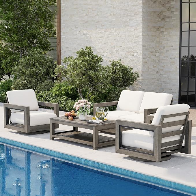 HAPPATIO Oversized Aluminum Patio Furniture Set, Outdoor Conversation Set 4 Pieces with Loveseat, 2 Swivel Sofa Chairs,1 Coffee Table, Extra Large Seat with Thicken Cushion for Deck Poolside, Grey