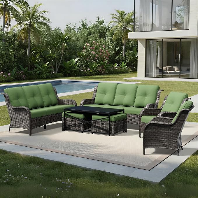 Joyside 7 Piece Wicker Patio Furniture Set, Rattan Patio Chairs with High Back, Deep Seating, Wide Armrest, Thickened Cushions, Outdoor Furniture for Deck, Porch Use