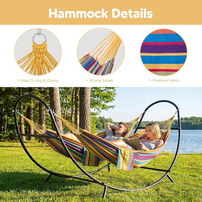 SUNCREAT Hammocks for Outside with Stand, Porch Hammock and Stand, 475 lbs Capacity, Patent Pending, Rainbow