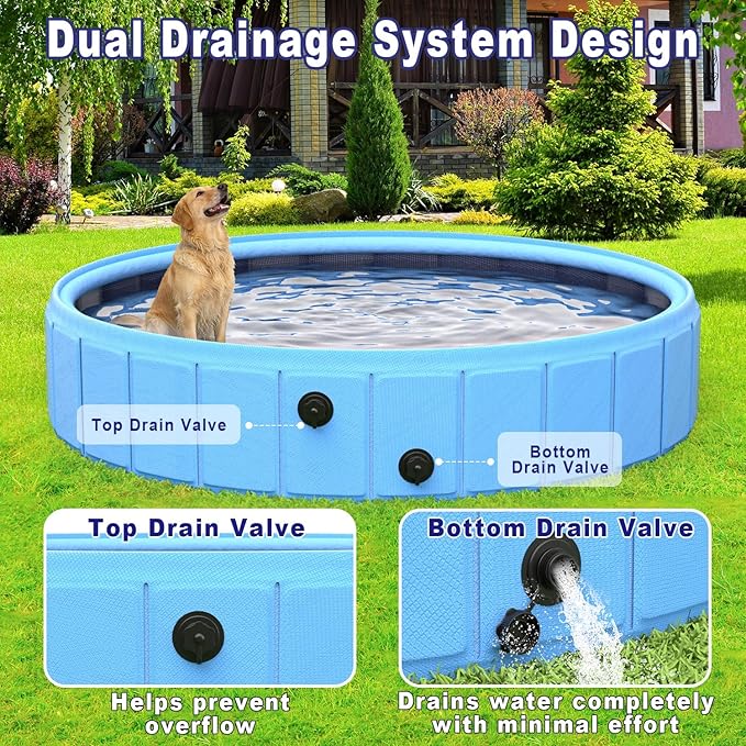 Foldable Dog Pool with Sprinkler, 118" Extra Large Non-Slip Dog Swimming Pool, 2-in-1 Outdoor Backyard Pet Bathing Tub with Drain Plug for Dogs Kids Pets Ducks
