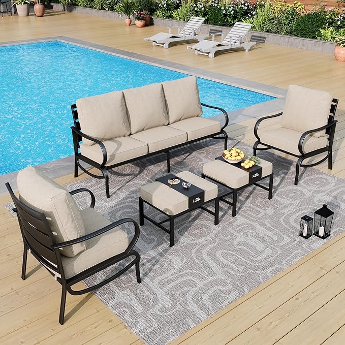 PHI VILLA Patio Furniture Set for 5 Person, Outdoor Furniture with 1 x 3 Seater Cushioned Deep Seating Bench, 2 x Armrest Sofa Chairs & 2 x Metal Cushioned Ottoman