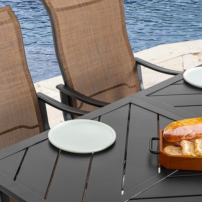 NUU GARDEN 7-Piece Patio Dining Table Set, Outdoor Iron Dining Set with Umbrella Hole, Splicing Table and 6 Textilene Swivel Chairs, Brown and Black
