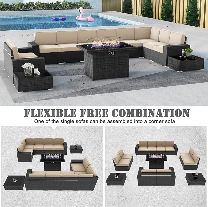 13 Pieces Patio Furniture Set with 44" Propane Gas Fire Pit Table, Outdoor Sectional Wicker Conversation Sofa Sets with Coffee Table