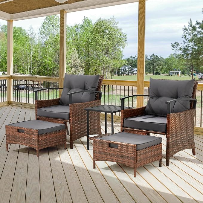 ECOTOUGE 5 Pieces Patio Furniture Set, Outdoor Wicker Chairs with Pull Out Ottoman & Metal Coffee Table, Rattan Conversation Set for Garden, Deck, Balcony, Poolside(Dark Grey)